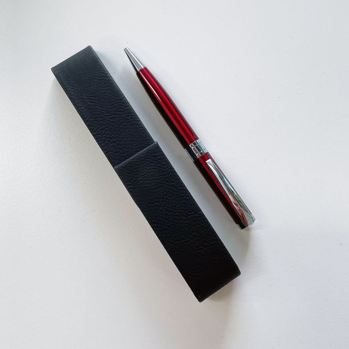 RED PEN IN POUCH RED AND SILVER BALL POINT FAUX LEATHER POUCH