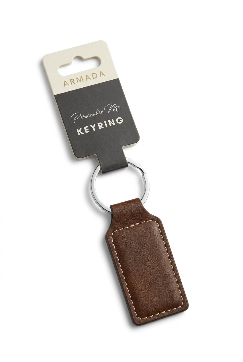 Brown faux leather rectangle keyring personalised with laser engraving