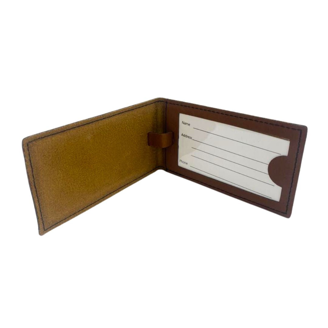 Engraved brown luggage tag for travelling