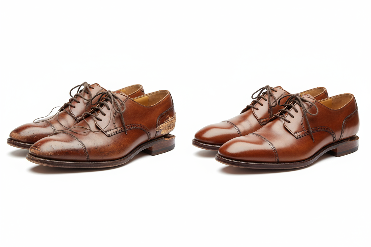 broken and repaired shoes before and after