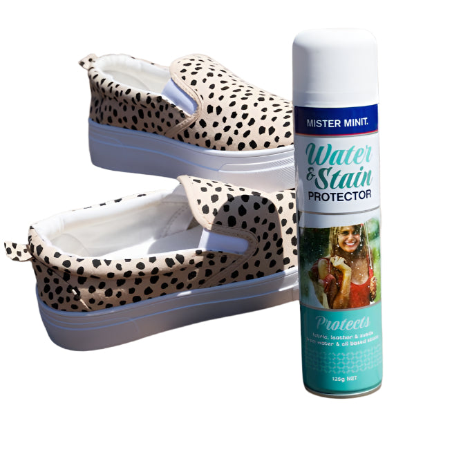 protect all your shoes from water marks and stains with mister minit water & stain protector spay. Perfect for all shoe types