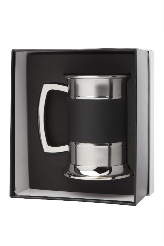 Stainless Steel Tankard Black Leather - Stylish Engraved Gift
