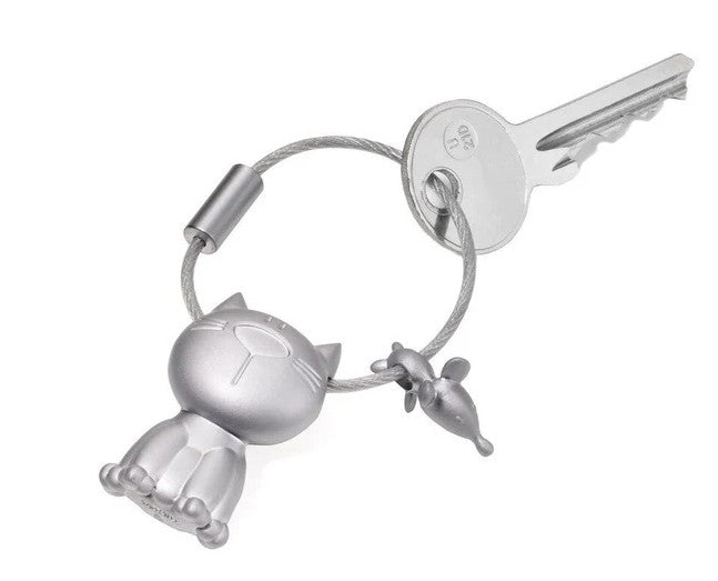 Troika Cat & Mouse Charm Nail Friendly Matt Silver Keyring Accessory