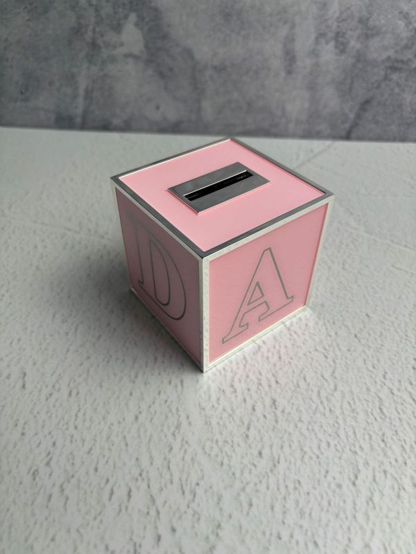 ABC CUBE BANK PINK & SILVER 8X8X11CM