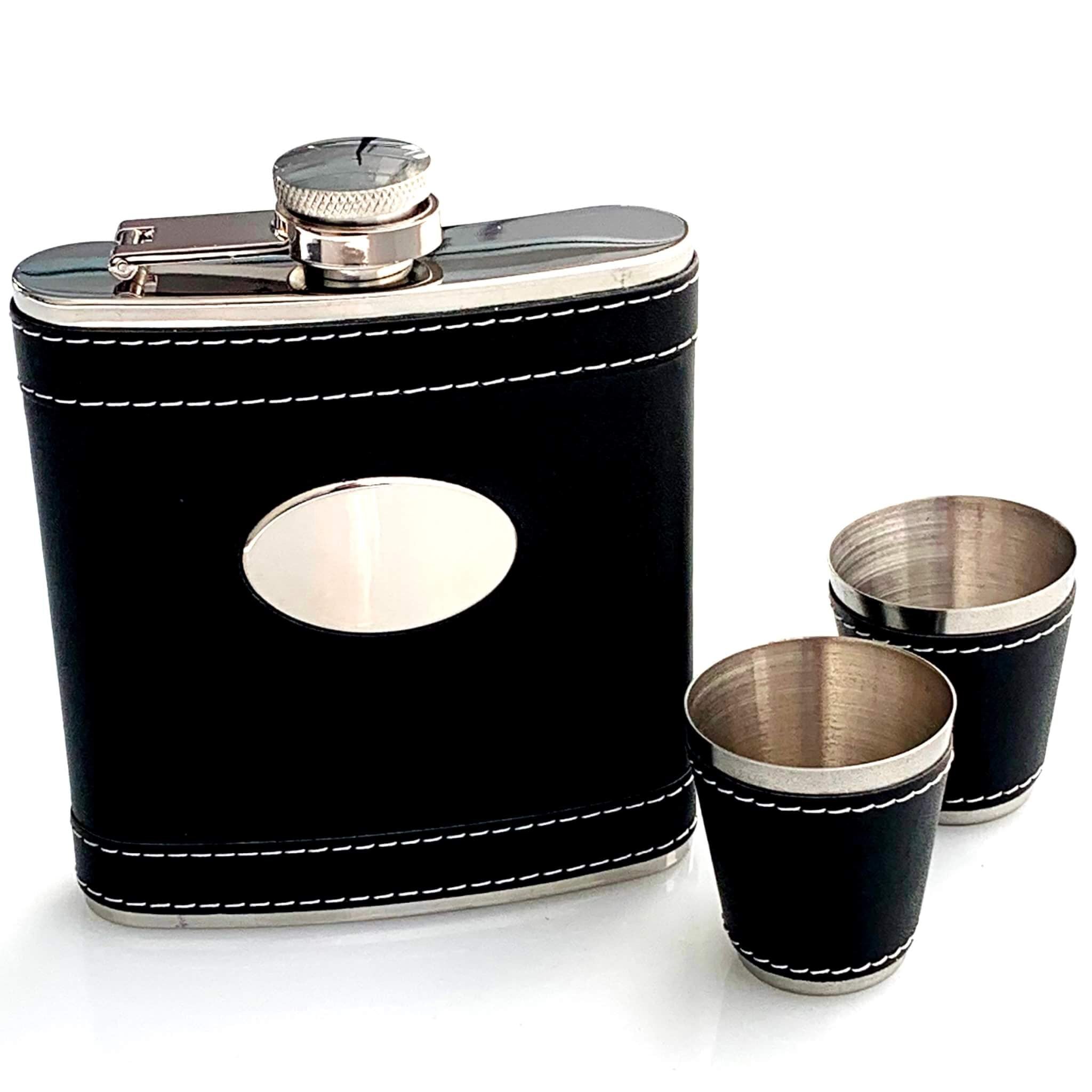 Black Leatherette Hip flask + Shot Glasses - Add Personalisation