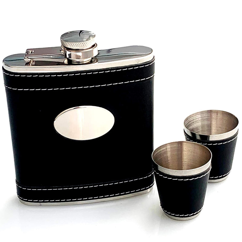 Black Leatherette Hipflask + Shot Glasses - Personalised Gift Idea