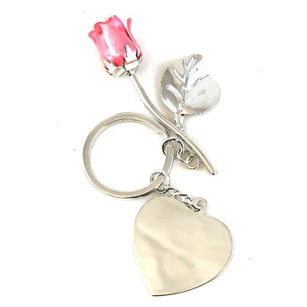 Personalised prink everlasting rose keyring with engraving plate