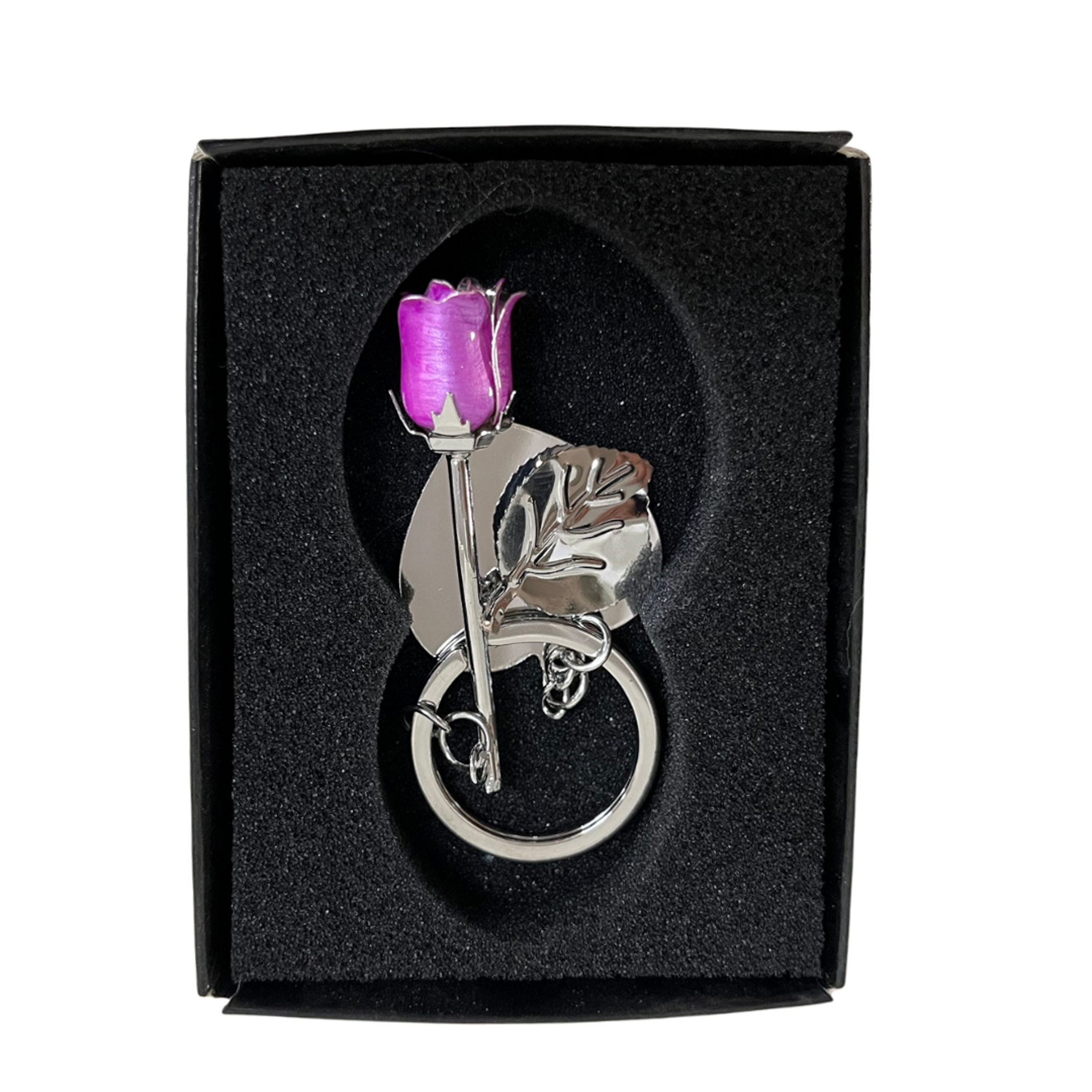 Purple everlasting rose keyring with engraving plate 